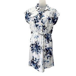 Ellen Tracy Blue White Floral Linen Viscose Blend Short Sleeve Tie Waist Dress S